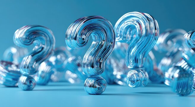 Metallic blue question marks on blue background