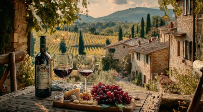 Tuscan Wine Country: Red Wine, Cheese, and Grapes on a Rustic Table Overlooking Vineyards