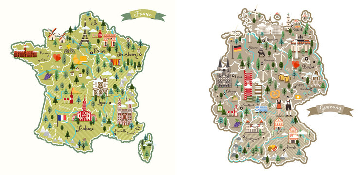 Stylized map of France and Germany. French symbols, cheese, croissant, wine, bicycle, harmonic, mountains and other landmarks. Travel to France and Germany.
