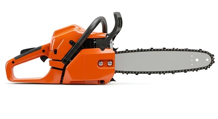 Fototapeta premium A professional studio shot of an orange and black chainsaw, with a long blade and modern design.