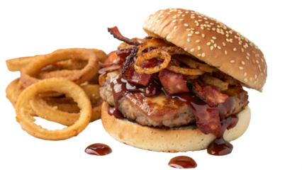 Smoked bacon BBQ burger with barbecue sauce, crispy bacon, onion rings, sesame seed bun, white background, no text