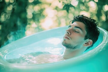 A young man serenely floats in a teal tub, eyes closed, enjoying a tranquil outdoor bath.