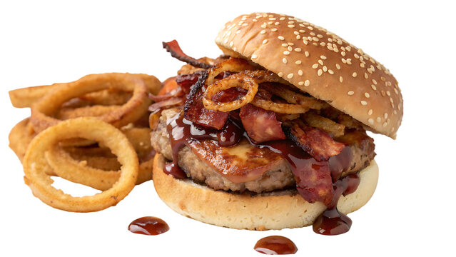 Smoked bacon BBQ burger with barbecue sauce, crispy bacon, onion rings, sesame seed bun, white background, no text