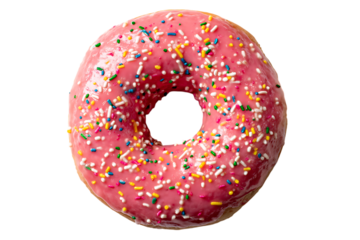Delicious pink donut with colorful sprinkles, top view.