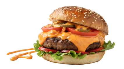 Sriracha burger with beef patty, spicy sriracha mayo, cheddar cheese, lettuce, tomato, sesame bun, white background