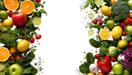 Colorful fresh produce arranged in a symmetrical pattern, with a central black void