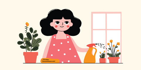 A cheerful young woman tending to her potted plants by the window, creating a vibrant and nurturing atmosphere. Her actions create a charming domestic environment of love and life.