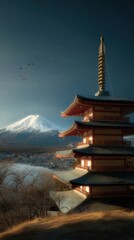 Fototapeta premium Serene Landscape of a Japanese Pagoda with Majestic Mountain Views in the Background on a Sunny Day