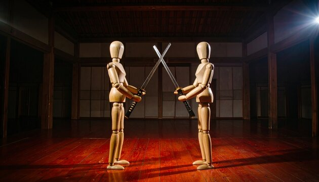 Two wooden mannequins face each other with crossed swords inside a traditional Japanese dojo, symbolizing martial arts training and discipline. - Powered by Adobe