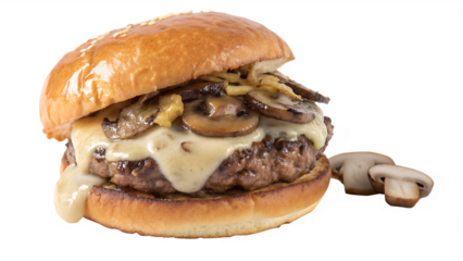 Swiss mushroom cheeseburger with sautéed mushrooms, melted swiss cheese, beef patty, toasted bun, white background, no text