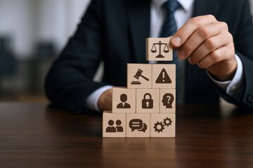 Ethical Business Practice: Businessman Building Blocks Depicting Justice, Safety, Privacy and Communication for Corporate Governance