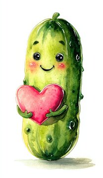Naklejki Adorable pickle character holding pink heart watercolor illustration for children's designs and healthy food concepts
