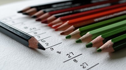 Close-up of colored pencils on paper with math equations — learning tools for children and creativity