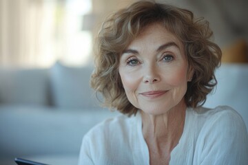 A portrait of a smiling older woman with curly light brown hair, wearing a white shirt.