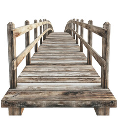 Fototapeta premium Wooden Footbridge with Railings Leading Upwards wooden bridge walkway isolated on a transparent background