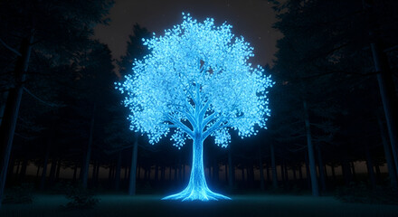 Enchanting glowing tree radiates vibrant light in mysterious forest at night, perfect for fantasy designs, magical themes, and captivating nature visuals