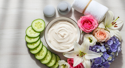 Pamper your skin with a rejuvenating spa day at home, featuring soothing cucumber slices, a creamy face mask, soft towel, and fresh flowers for ultimate relaxation