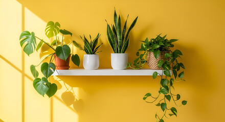Bring a vibrant, modern touch to your home with these stylish indoor plants arranged beautifully on a shelf against a cheerful yellow wall, perfect for lifestyle blogs