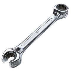 Obraz premium Ratchet wrench tool, shiny metal hand tool with open and closed ends, mechanical repair equipment for tightening or loosening bolts, isolated on transparency background