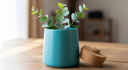 Turquoise canister with a cork lid adds a touch of serenity to your space with its minimalist design and fresh green eucalyptus sprigs for calming decor