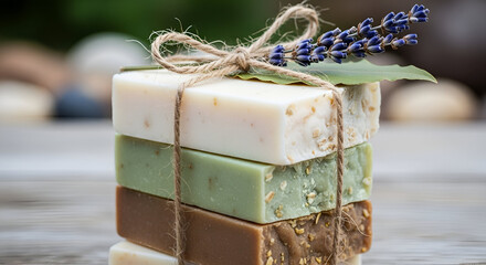 Artisanal stacked soaps tied with twine and lavender convey natural beauty and eco-friendly living for spa products and sustainable lifestyle brands