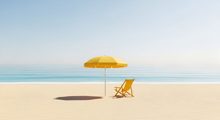 Dreamy beach escape with yellow umbrella and lounge chair for serene relaxation, perfect summer vacation vibes and coastal calm, ideal for travel and leisure ads