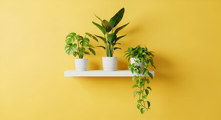 Brighten your space with lush potted plants on a minimalist white shelf against a vibrant yellow wall, perfect for adding a touch of nature and modern style