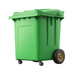 Green plastic trash bin on wheels with lid isolated on transparency background, realistic container for waste disposal, clean and sturdy design for outdoor use
