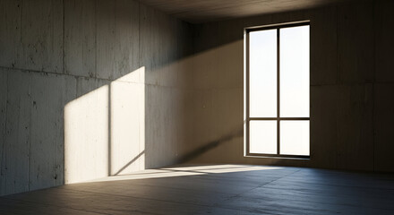 Sunlight streaming through window in raw concrete room creates modern architectural design interior ideal for creative studio or minimalist office space