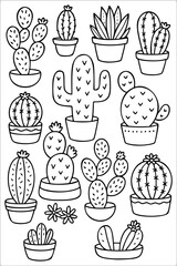 High quality black and white vector illustration of unique potted cactus plants, each drawn in a whimsical, hand-sketched style. Perfect for use in stationery, packaging, wall art, and digital product