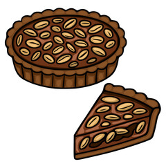 A vector illustration of a delicious chocolate peanut tart, showcasing a whole tart and a slice, emphasizing the rich brown color and detailed peanut toppings.