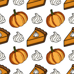 Delightful vector seamless pattern featuring hand-drawn pumpkins, pumpkin pie slices, and swirls of whipped cream, creating a cheerful autumnal design perfect for fall-themed projects.