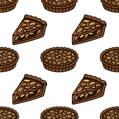 Seamless vector pattern of delicious chocolate peanut butter pie slices and whole pies, perfect for bakery packaging or dessert menu design.