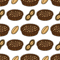 Seamless vector pattern of delicious chocolate peanut butter tarts and peanuts, perfect for packaging, textile, or food-related designs.