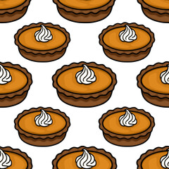 A delightful vector seamless pattern featuring charming mini pumpkin pies topped with swirls of whipped cream, creating a sweet and appetizing design perfect for autumnal projects.