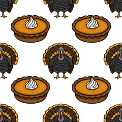 A delightful vector seamless pattern featuring alternating images of a whole roasted turkey and a pumpkin pie with whipped cream, perfect for Thanksgiving-themed designs.