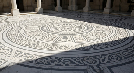 Stunning marble courtyard floor with intricate circular tile patterns and classical motifs bathed in natural sunlight, perfect for architectural design inspiration