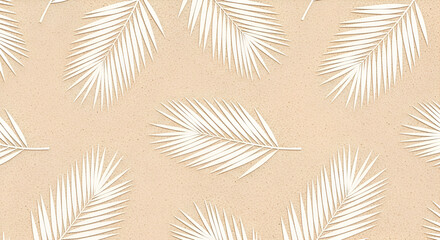 Delicate tropical vibe with white palm leaves on a soft beige sand backdrop - perfect for summer promotions, vacation themes, or coastal decor designs