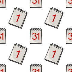 Seamless vector pattern of hand-drawn calendar pages featuring the numbers 1 and 31 in a playful, slightly tilted arrangement, creating a dynamic and repeating design ideal for planning or time...