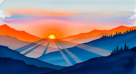 Stunning watercolor sunrise over mountain peaks casting vibrant light rays across serene landscape, perfect for travel, nature, and inspirational themes