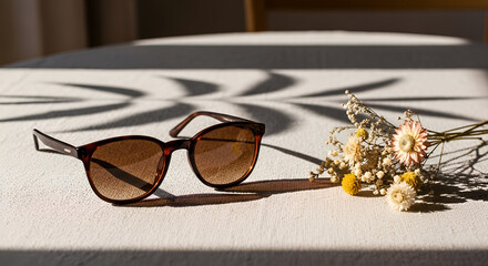 Stylish sunglasses and delicate dried flowers create a sun-drenched, serene mood ready for your next summer campaign or inviting social media post