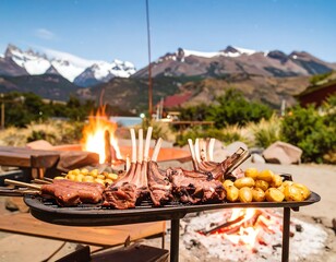 Outdoor barbecue feast with lamb ribs and potatoes, set against a backdrop of snow-capped mountains.