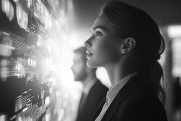 A woman and a man in business attire stand before a large screen displaying data streams, contemplating the digital future.