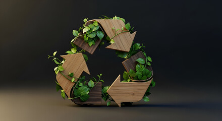 Inspiring wood recycle symbol entwined with vibrant green foliage for eco-conscious design projects or conveying sustainability, conservation and environmental awareness
