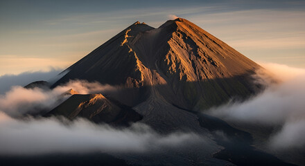 Dramatic volcanic landscape with clouds swirling around majestic peaks at sunrise, creating a sense of wonder and adventure in a stunning natural environment
