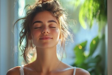 A serene young woman with eyes closed, basking in sunlight, exuding peace and tranquility.