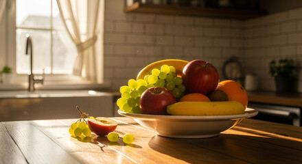Vibrant fruit bowl basks in the golden kitchen sunlight, promising healthy eating and fresh flavors for a delicious lifestyle concept