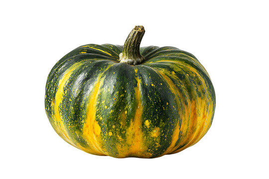 Green and yellow striped pumpkin on black background