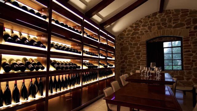 This elegant wine cellar features rows of illuminated wine bottles displayed on wooden shelves against a rustic stone wall, with a tasting table creating a warm and inviting atmosphere.