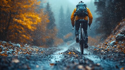 Cyclist wearing a yellow jacket and backpack navigates a muddy forest trail during a light snowfall surrounded by vibrant autumn trees